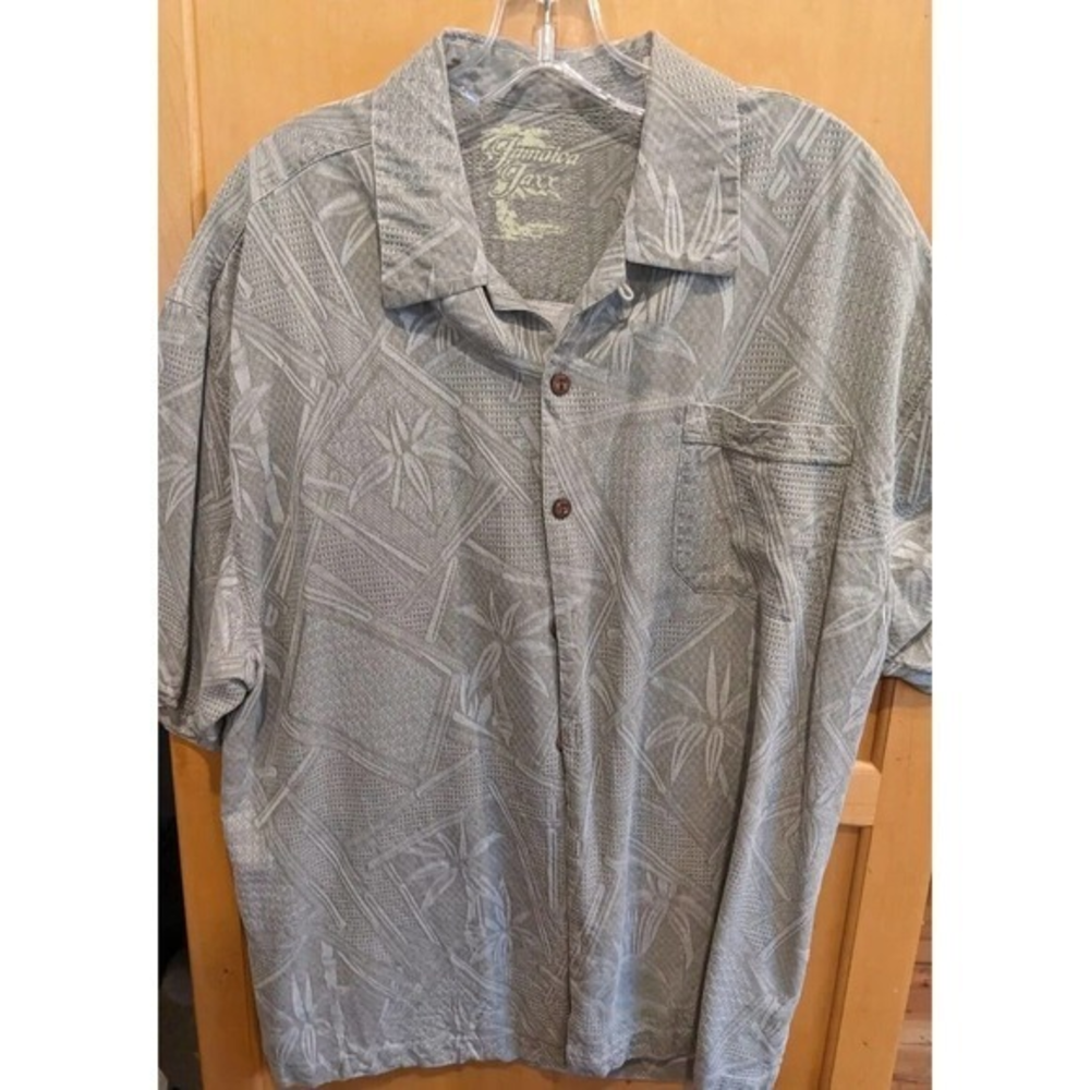 Jamaica Jack Men Short Sleeve Button Up beige Hawaiian Size XL Palm Tree SILK